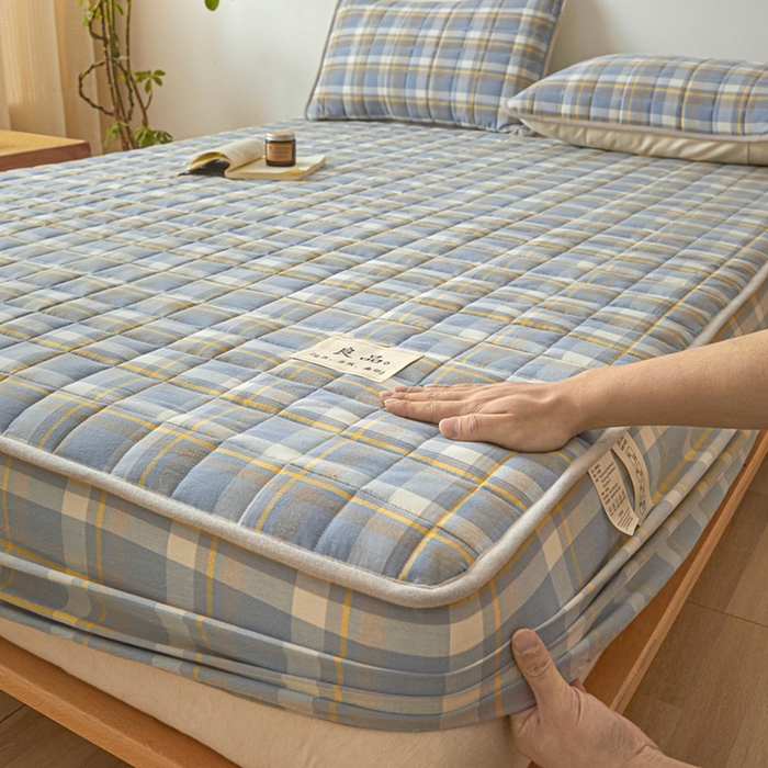 91家纺网 家纺一手货源 找家纺 伊人坊 2025新款A类全棉色织水洗棉大豆夹棉床笠 森屿 咖蓝