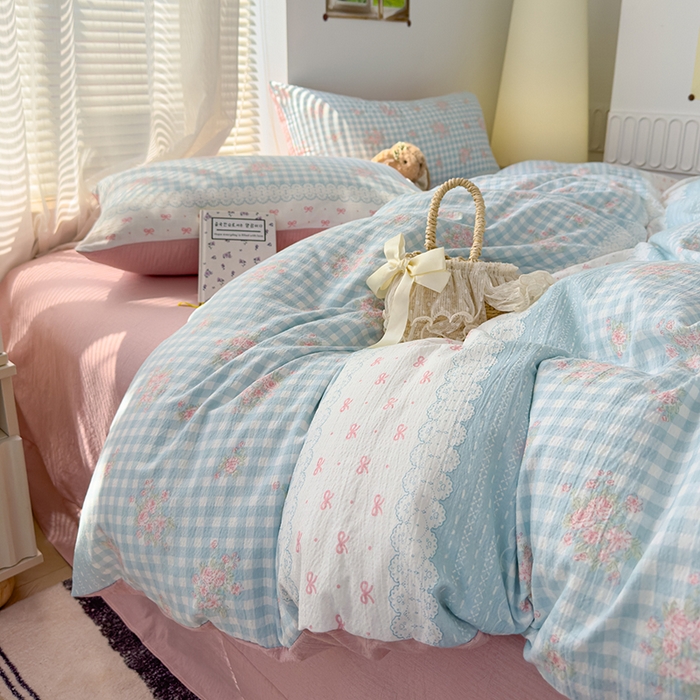 91家纺网 家纺一手货源 找家纺 竹合家纺 2025新品云感皱皱四件套跑量款小清新四件套 梦境-蓝