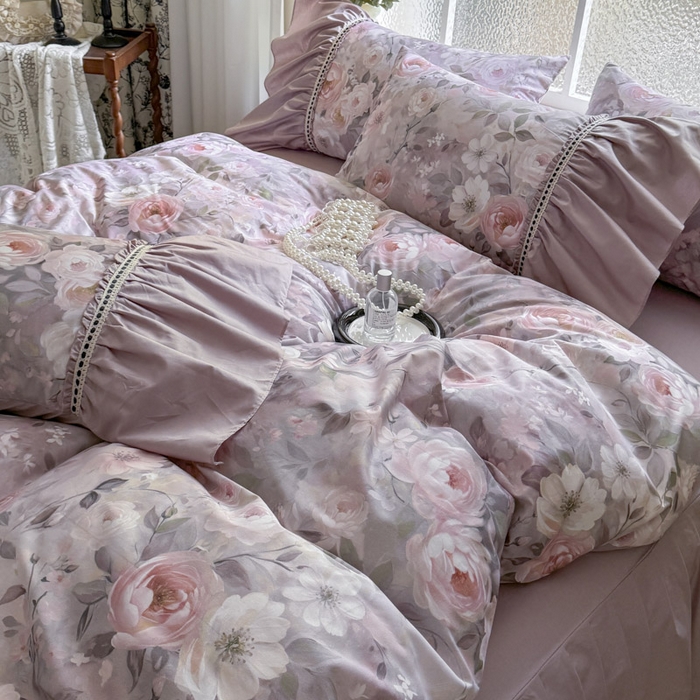 91家纺网 家纺一手货源 找家纺 亲亲公主 2025新款全棉法式宽花边四件套-玫瑰庄园 玫瑰庄园一豆沙粉