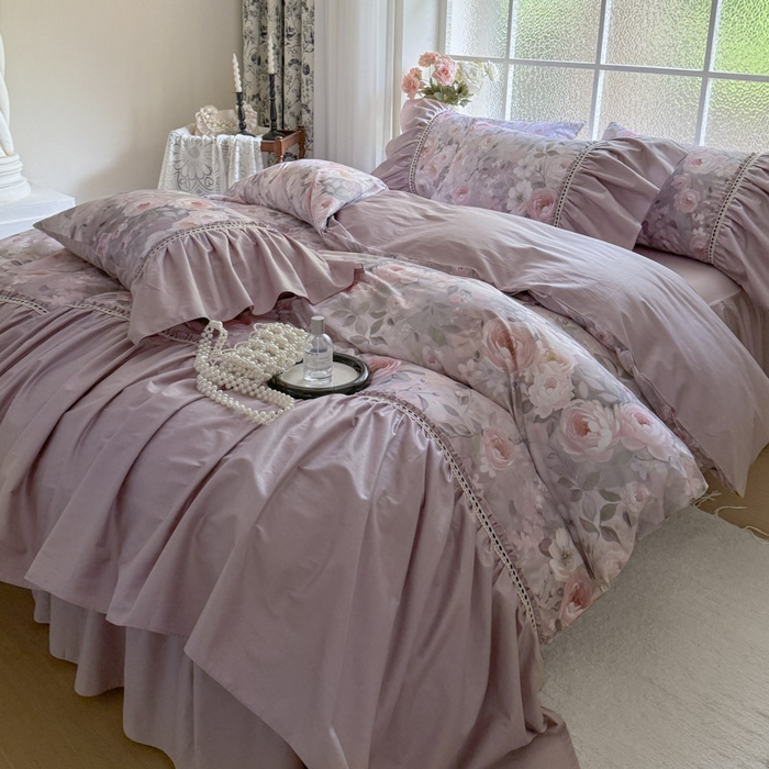 91家纺网 家纺一手货源 找家纺 亲亲公主 2025新款全棉法式宽花边四件套-玫瑰庄园 玫瑰庄园一豆沙粉