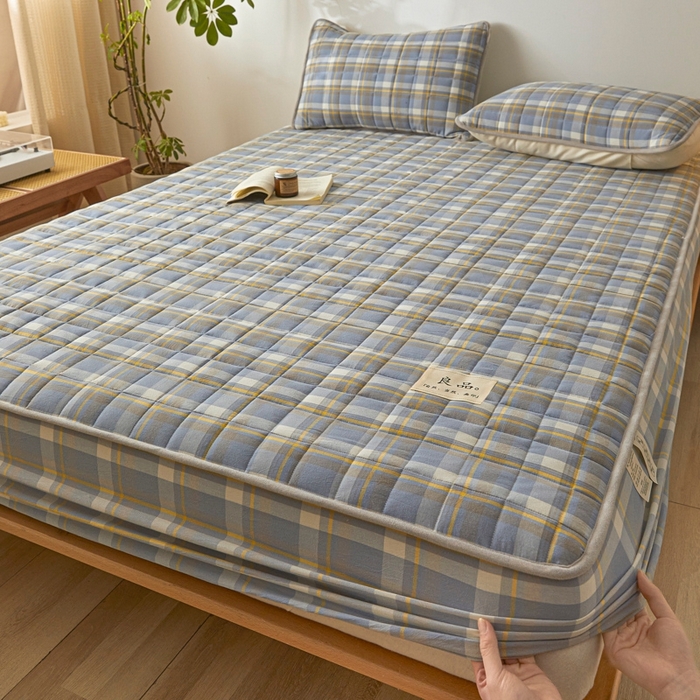 91家纺网 家纺一手货源 找家纺 伊人坊 2025新款A类全棉色织水洗棉大豆夹棉床笠 森屿 咖蓝