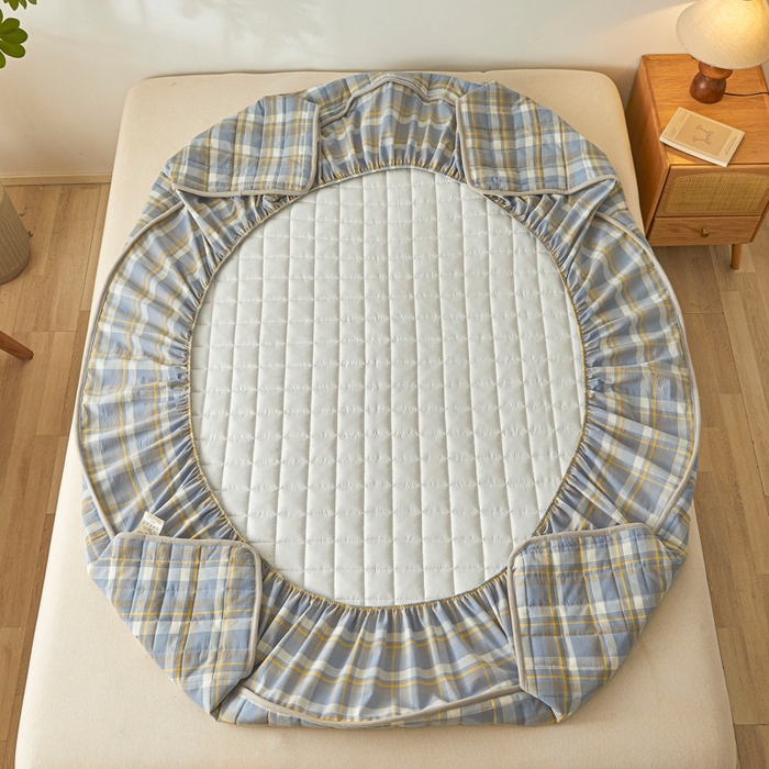 91家纺网 家纺一手货源 找家纺 伊人坊 2025新款A类全棉色织水洗棉大豆夹棉床笠 森屿 咖蓝