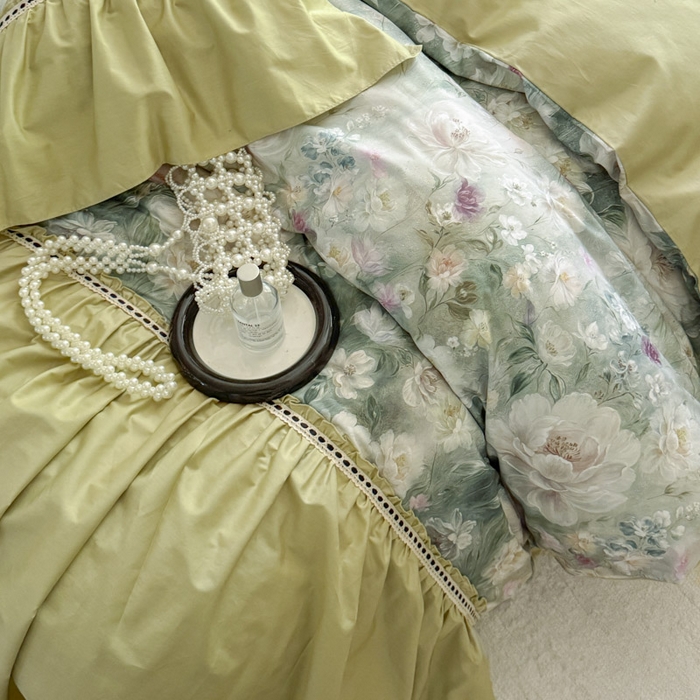 91家纺网 家纺一手货源 找家纺 亲亲公主 2025新款全棉法式宽花边四件套-玫瑰庄园 玫瑰庄园一抹茶绿