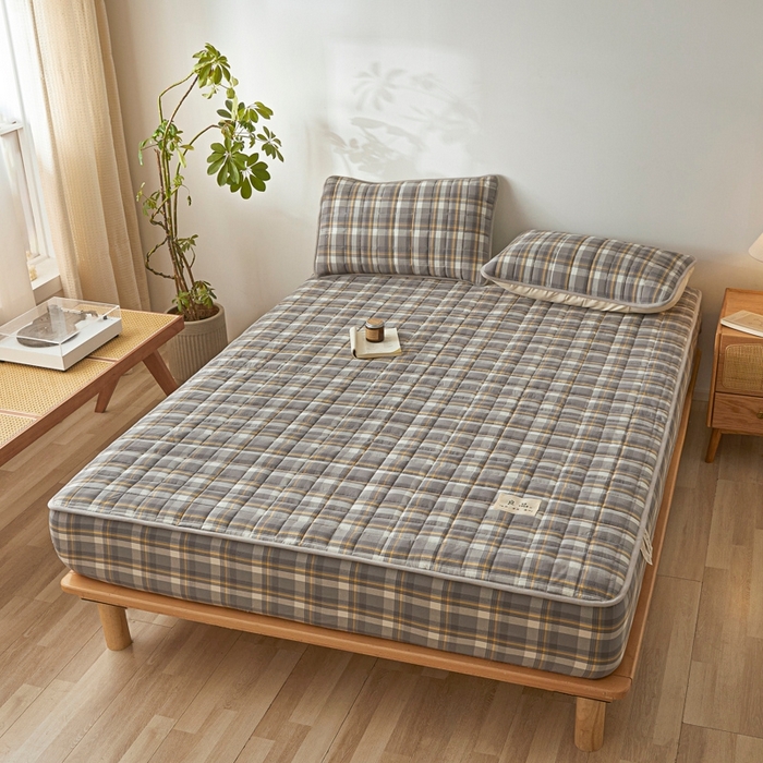 91家纺网 家纺一手货源 找家纺 伊人坊 2025新款A类全棉色织水洗棉大豆夹棉床笠 森屿 雾灰