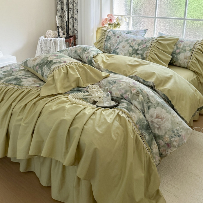 91家纺网 家纺一手货源 找家纺 亲亲公主 2025新款全棉法式宽花边四件套-玫瑰庄园 玫瑰庄园一抹茶绿