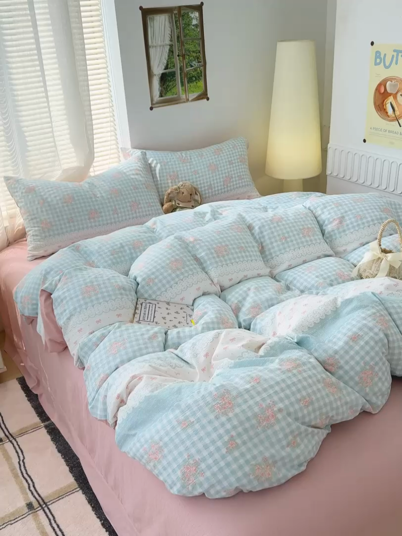 91家纺网 家纺一手货源 找家纺 竹合家纺 2025新品云感皱皱四件套跑量款小清新四件套 梦境-蓝