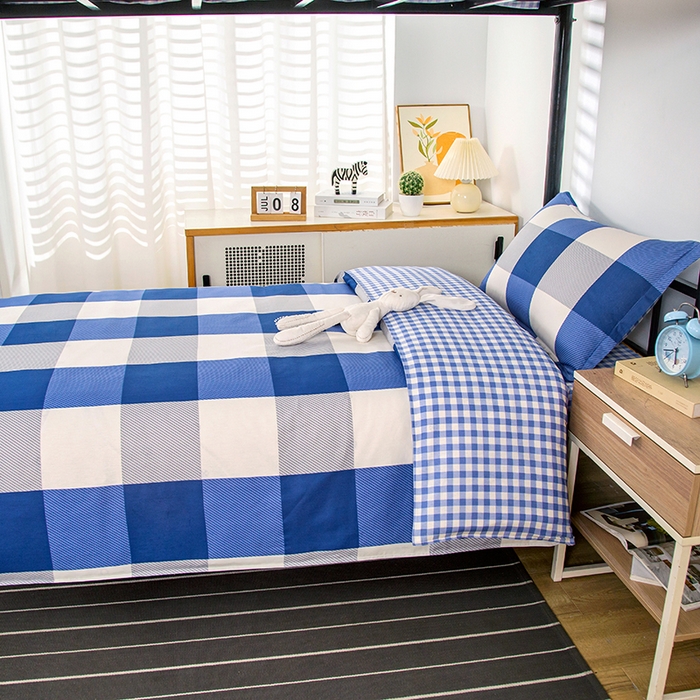 91家纺网 家纺一手货源 找家纺 乐旗 2025新款全棉12868学生宿舍三件套纯棉六件套装 蓝大格