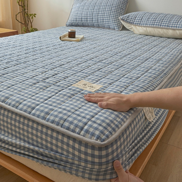 91家纺网 家纺一手货源 找家纺 伊人坊 2025新款A类全棉色织水洗棉大豆夹棉床笠 艾格 浅蓝