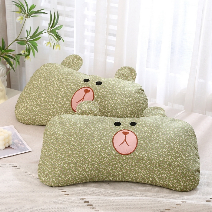 91家纺网 家纺一手货源 找家纺 梦叶草 2025新款全棉刺绣枕芯萌芽熊荞麦枕头 萌芽熊-绿色35*60cm