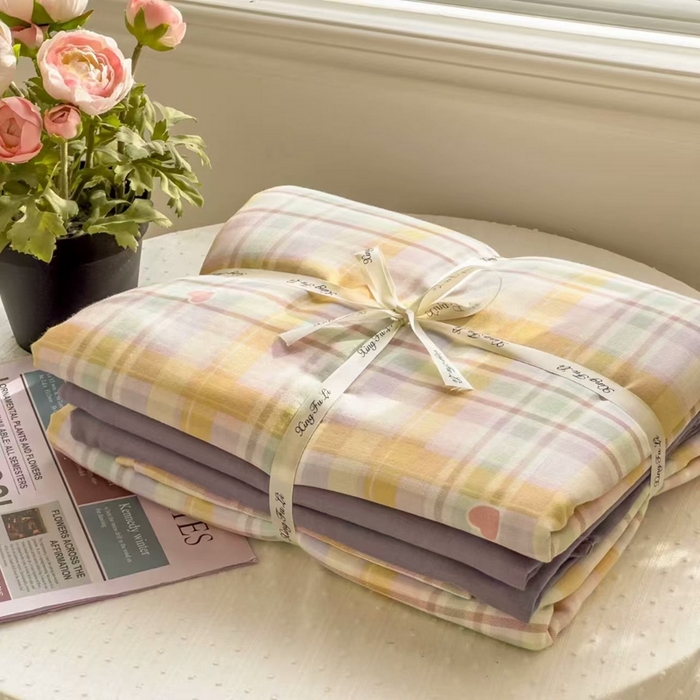 栩裕纺织 2025新款全棉双层纱四件套 爱心甜格