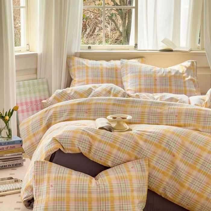 91家纺网 家纺一手货源 找家纺 栩裕纺织 2025新款全棉双层纱四件套 爱心甜格