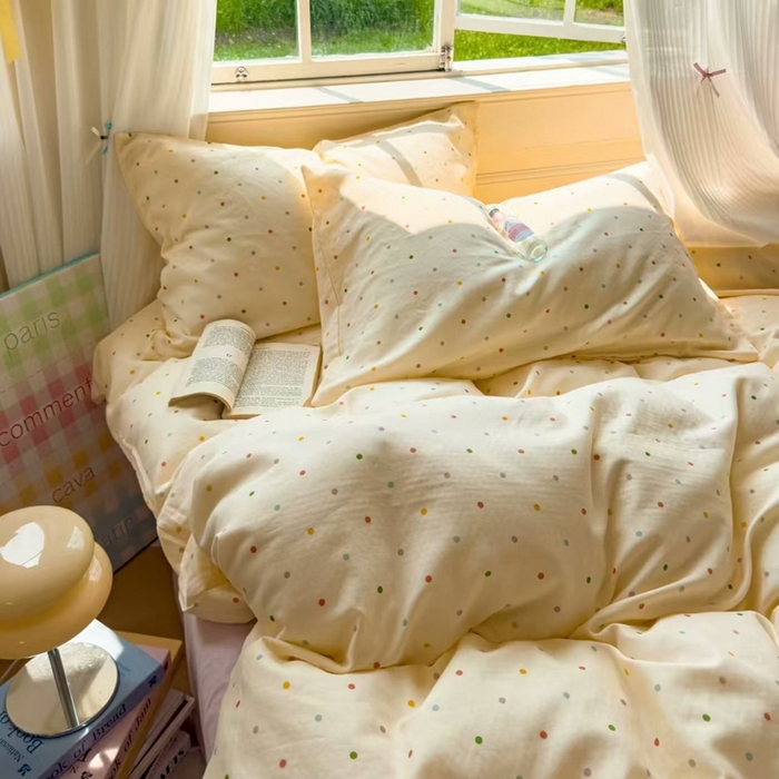 91家纺网 家纺一手货源 找家纺 栩裕纺织 2025新款全棉双层纱四件套 彩色波点