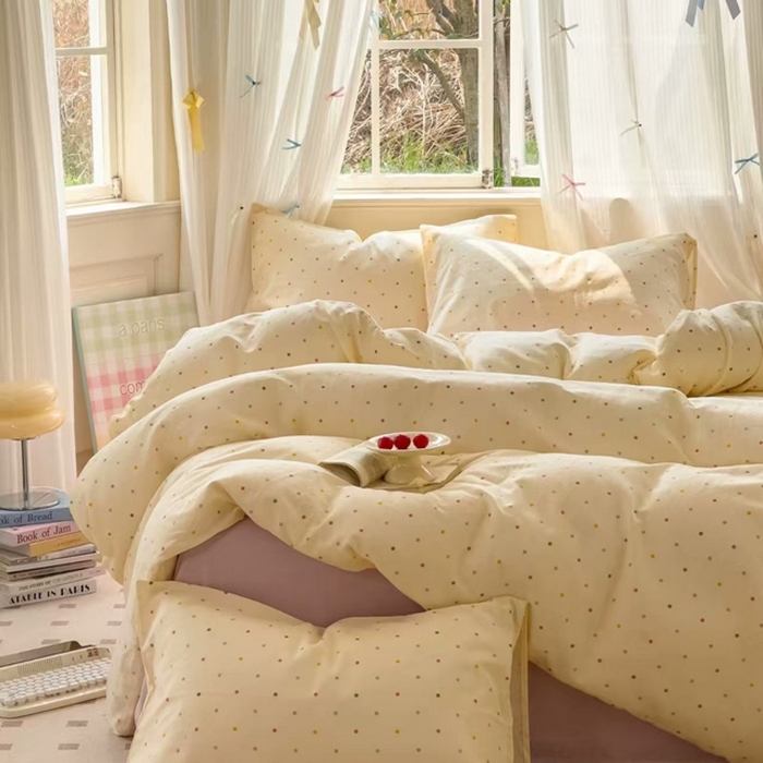 91家纺网 家纺一手货源 找家纺 栩裕纺织 2025新款全棉双层纱四件套 彩色波点