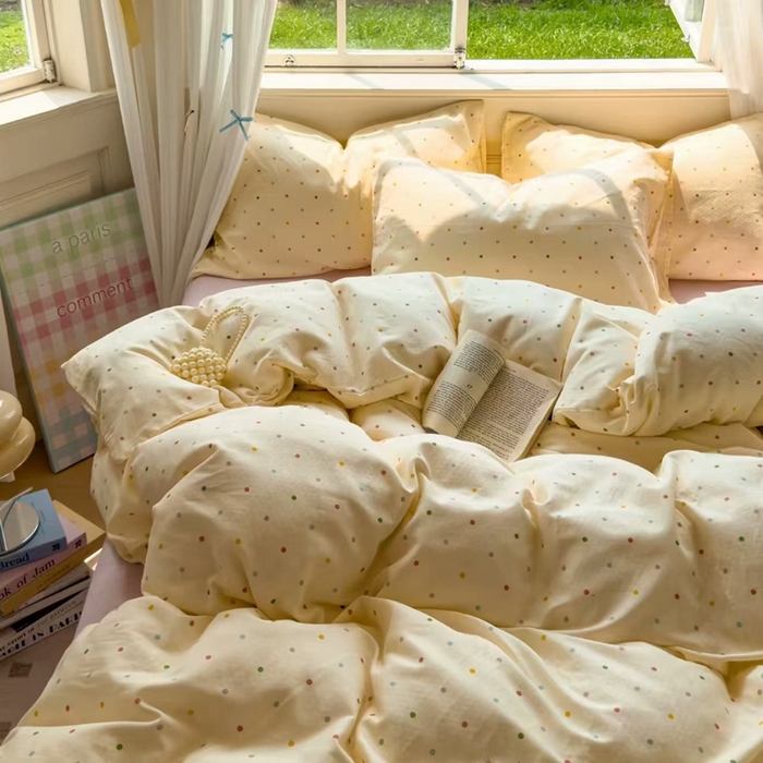 91家纺网 家纺一手货源 找家纺 栩裕纺织 2025新款全棉双层纱四件套 彩色波点