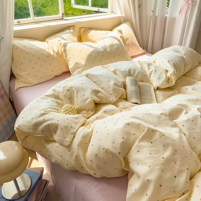 91家纺网 家纺一手货源 找家纺 栩裕纺织 2025新款全棉双层纱四件套 彩色波点