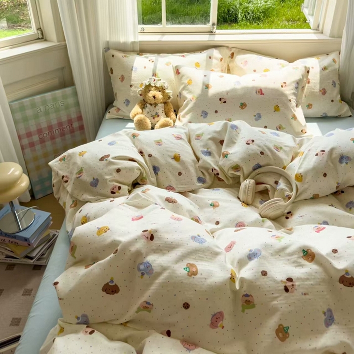 91家纺网 家纺一手货源 找家纺 栩裕纺织 2025新款全棉双层纱四件套 动物乐园