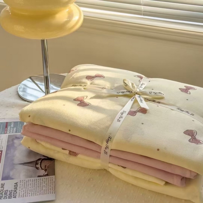 栩裕纺织 2025新款全棉双层纱四件套 蝴蝶结