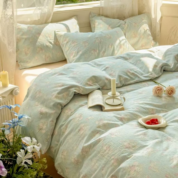 91家纺网 家纺一手货源 找家纺 栩裕纺织 2025新款全棉双层纱四件套 慕斯绿