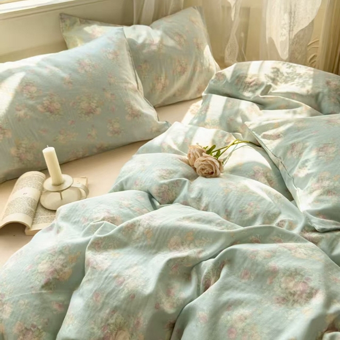 91家纺网 家纺一手货源 找家纺 栩裕纺织 2025新款全棉双层纱四件套 慕斯绿