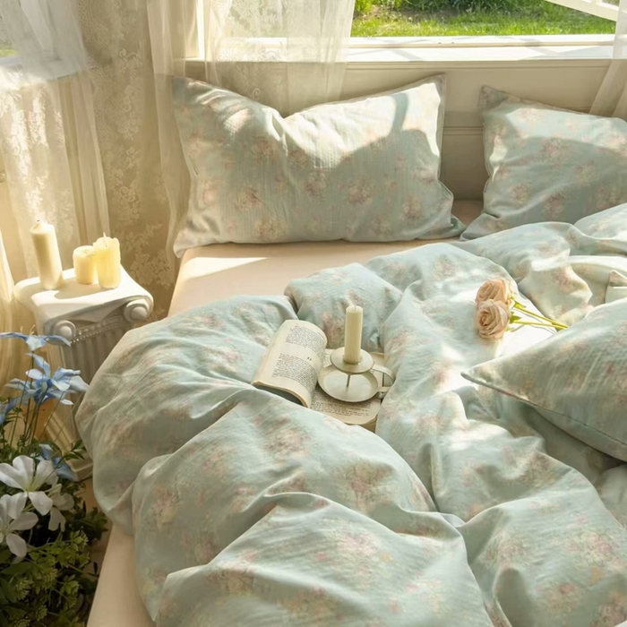 91家纺网 家纺一手货源 找家纺 栩裕纺织 2025新款全棉双层纱四件套 慕斯绿