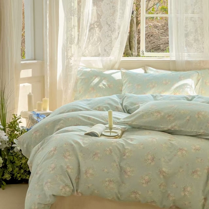 91家纺网 家纺一手货源 找家纺 栩裕纺织 2025新款全棉双层纱四件套 慕斯绿