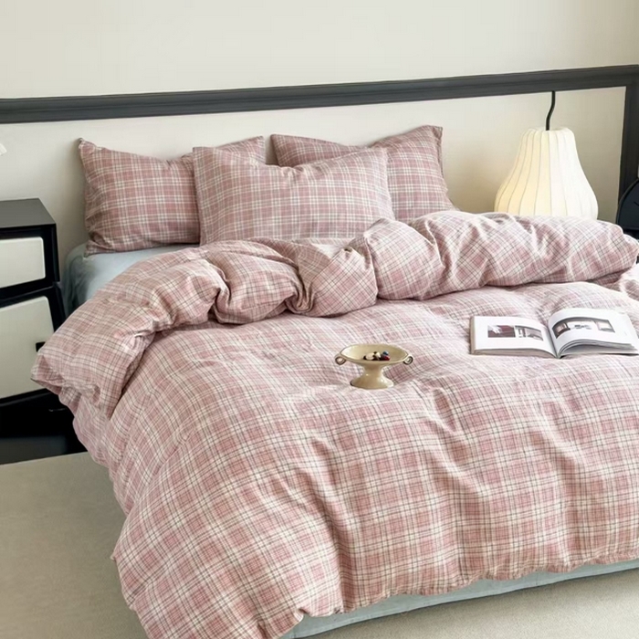 91家纺网 家纺一手货源 找家纺 栩裕纺织 2025新款全棉双层纱四件套 奶油粉格