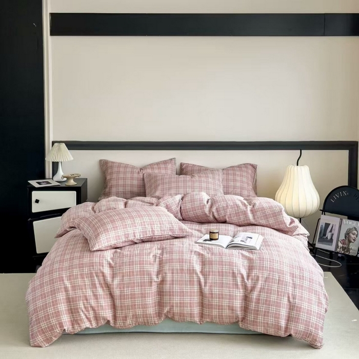 91家纺网 家纺一手货源 找家纺 栩裕纺织 2025新款全棉双层纱四件套 奶油粉格