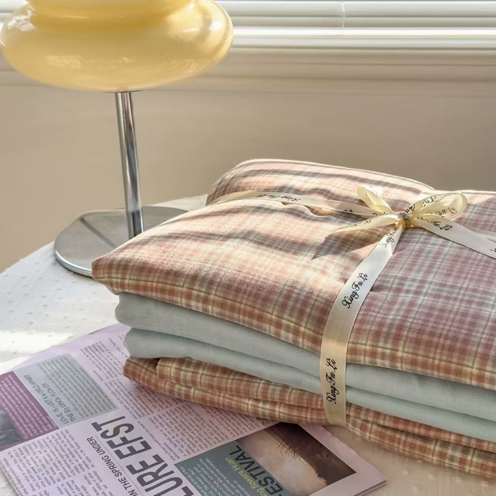 栩裕纺织 2025新款全棉双层纱四件套 奶油粉格