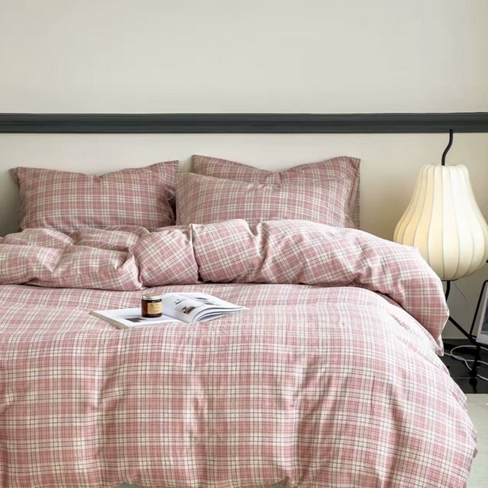 91家纺网 家纺一手货源 找家纺 栩裕纺织 2025新款全棉双层纱四件套 奶油粉格