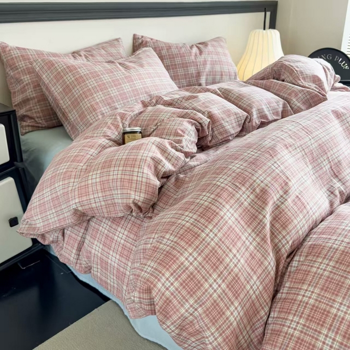 91家纺网 家纺一手货源 找家纺 栩裕纺织 2025新款全棉双层纱四件套 奶油粉格