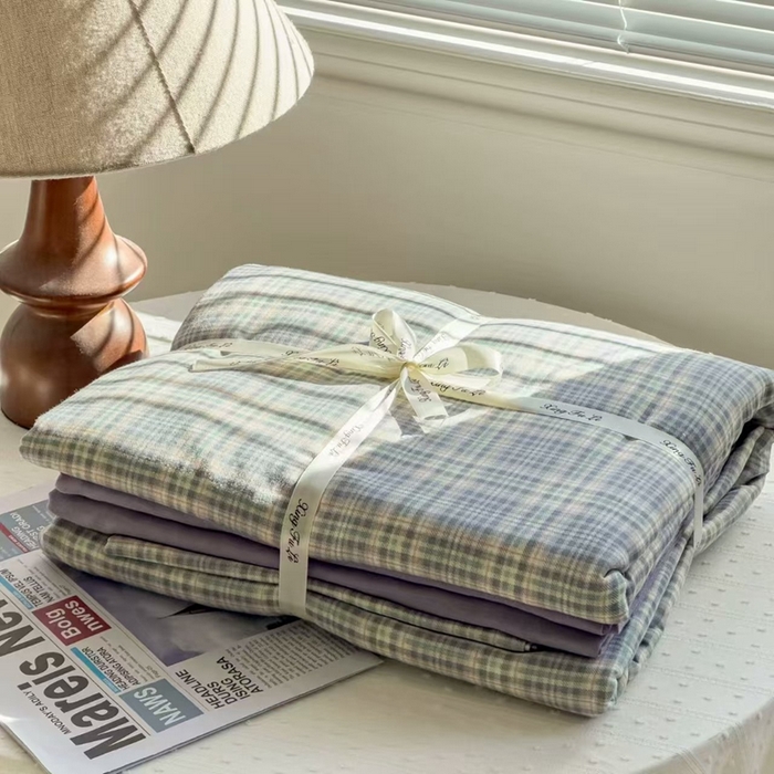 栩裕纺织 2025新款全棉双层纱四件套 奶油紫格