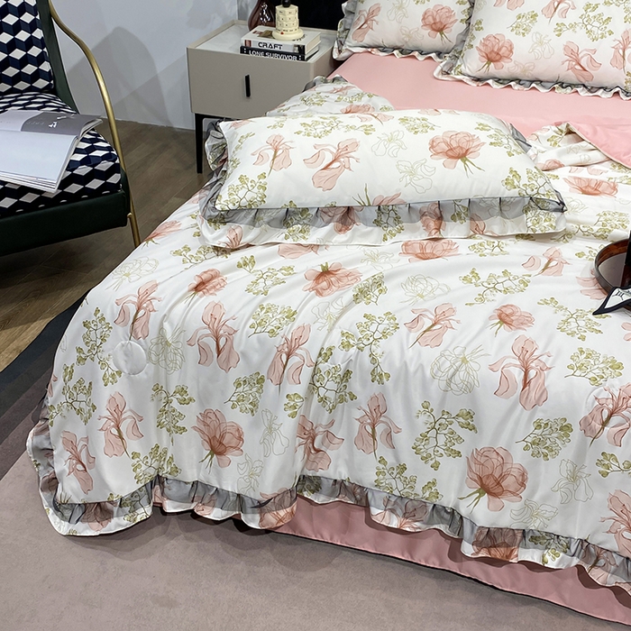 91家纺网 家纺一手货源 找家纺 （总）宇彬家纺 2025直播新品水洗真丝冰丝双层花边天丝夏被夏天空调被夏凉被可水洗单夏被枕套三件套床单夏被四件套