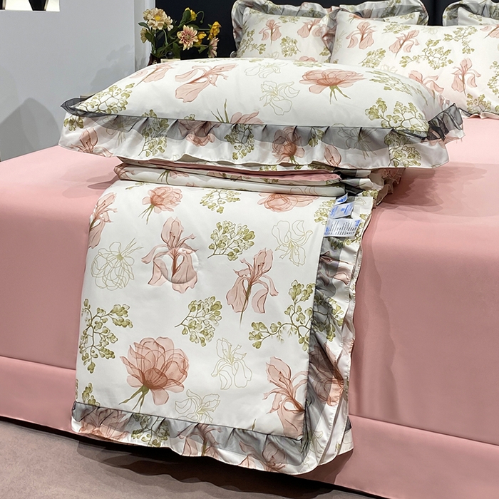 91家纺网 家纺一手货源 找家纺 宇彬家纺 2025直播新品水洗真丝冰丝双层花边天丝夏被夏天空调被夏凉被可水洗单夏被枕套三件套床单夏被四件套 乐芙 粉