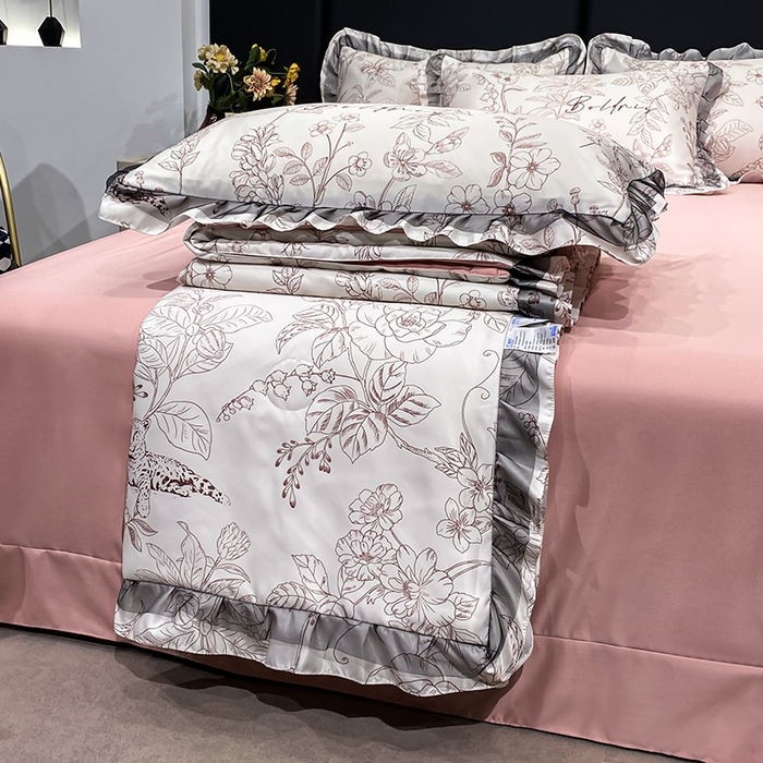 91家纺网 家纺一手货源 找家纺 宇彬家纺 2025直播新品水洗真丝冰丝双层花边天丝夏被夏天空调被夏凉被可水洗单夏被枕套三件套床单夏被四件套 初夏（粉)