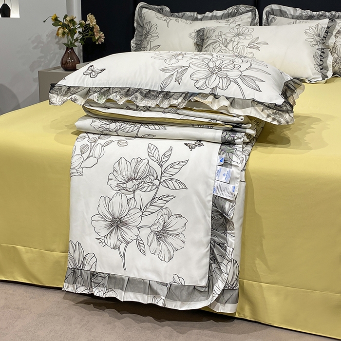 91家纺网 家纺一手货源 找家纺 宇彬家纺 2025直播新品水洗真丝冰丝双层花边天丝夏被夏天空调被夏凉被可水洗单夏被枕套三件套床单夏被四件套 花漾 米