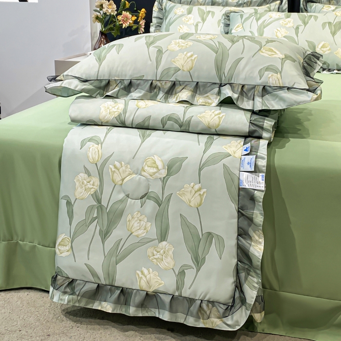 91家纺网 家纺一手货源 找家纺 宇彬家纺 2025直播新品水洗真丝冰丝双层花边天丝夏被夏天空调被夏凉被可水洗单夏被枕套三件套床单夏被四件套 香郁（绿）