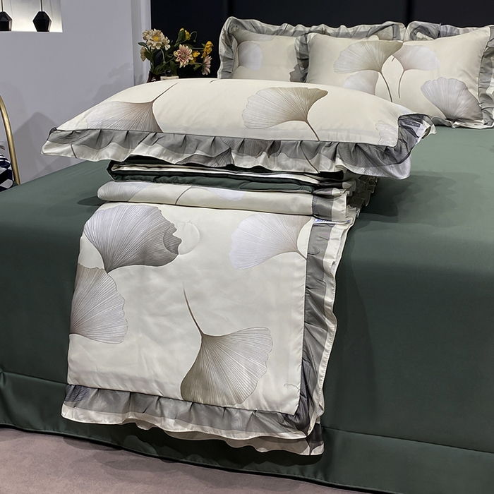 91家纺网 家纺一手货源 找家纺 宇彬家纺 2025直播新品水洗真丝冰丝双层花边天丝夏被夏天空调被夏凉被可水洗单夏被枕套三件套床单夏被四件套 银杏