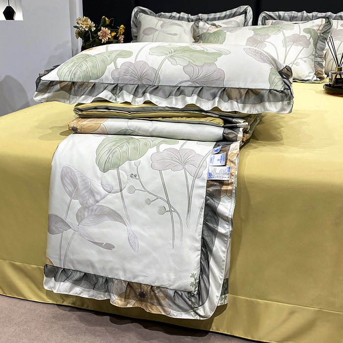 91家纺网 家纺一手货源 找家纺 宇彬家纺 2025直播新品水洗真丝冰丝双层花边天丝夏被夏天空调被夏凉被可水洗单夏被枕套三件套床单夏被四件套 幽梦（黄绿）