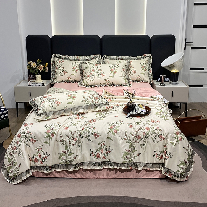 91家纺网 家纺一手货源 找家纺 宇彬家纺 2025直播新品水洗真丝冰丝双层花边天丝夏被夏天空调被夏凉被可水洗单夏被枕套三件套床单夏被四件套 果实（粉)