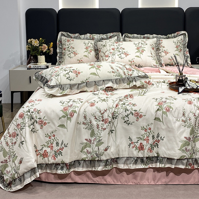 91家纺网 家纺一手货源 找家纺 宇彬家纺 2025直播新品水洗真丝冰丝双层花边天丝夏被夏天空调被夏凉被可水洗单夏被枕套三件套床单夏被四件套 果实（粉)