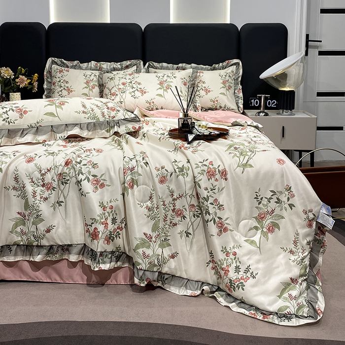 91家纺网 家纺一手货源 找家纺 宇彬家纺 2025直播新品水洗真丝冰丝双层花边天丝夏被夏天空调被夏凉被可水洗单夏被枕套三件套床单夏被四件套 果实（粉)