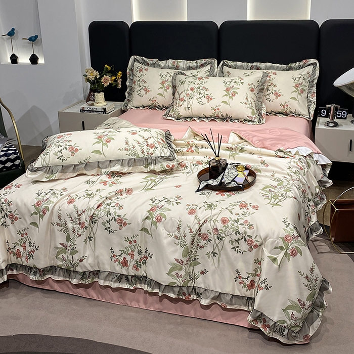 91家纺网 家纺一手货源 找家纺 宇彬家纺 2025直播新品水洗真丝冰丝双层花边天丝夏被夏天空调被夏凉被可水洗单夏被枕套三件套床单夏被四件套 果实（粉)