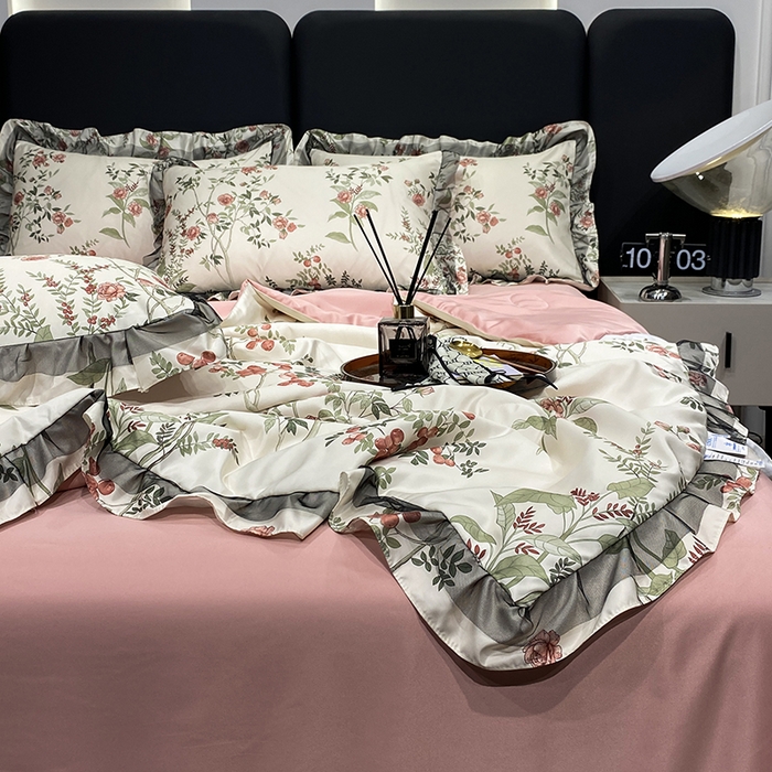 91家纺网 家纺一手货源 找家纺 宇彬家纺 2025直播新品水洗真丝冰丝双层花边天丝夏被夏天空调被夏凉被可水洗单夏被枕套三件套床单夏被四件套 果实（粉)