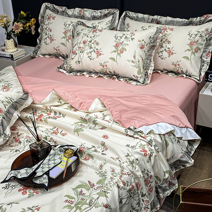 91家纺网 家纺一手货源 找家纺 宇彬家纺 2025直播新品水洗真丝冰丝双层花边天丝夏被夏天空调被夏凉被可水洗单夏被枕套三件套床单夏被四件套 果实（粉)