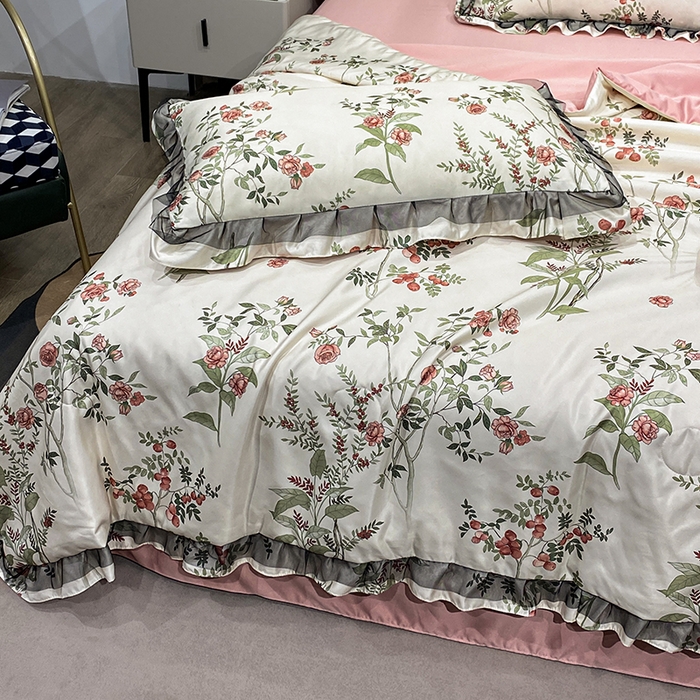 91家纺网 家纺一手货源 找家纺 宇彬家纺 2025直播新品水洗真丝冰丝双层花边天丝夏被夏天空调被夏凉被可水洗单夏被枕套三件套床单夏被四件套 果实（粉)