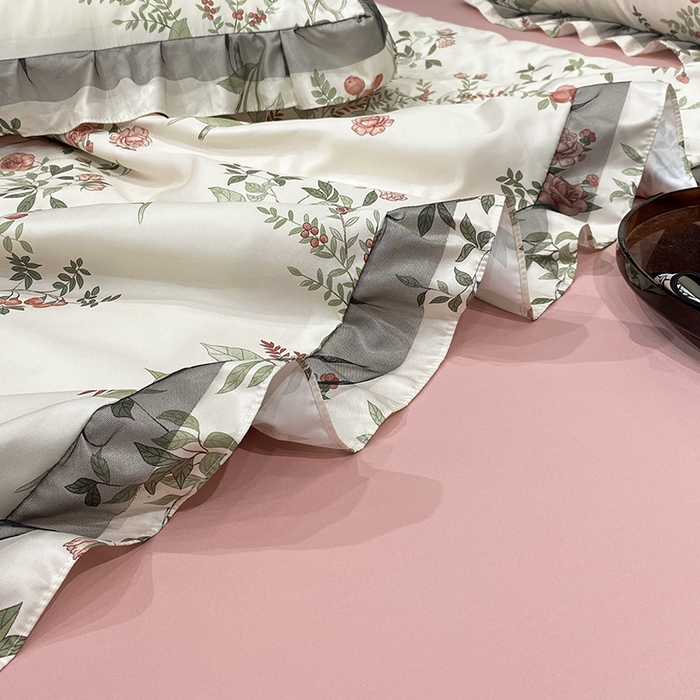 91家纺网 家纺一手货源 找家纺 宇彬家纺 2025直播新品水洗真丝冰丝双层花边天丝夏被夏天空调被夏凉被可水洗单夏被枕套三件套床单夏被四件套 果实（粉)