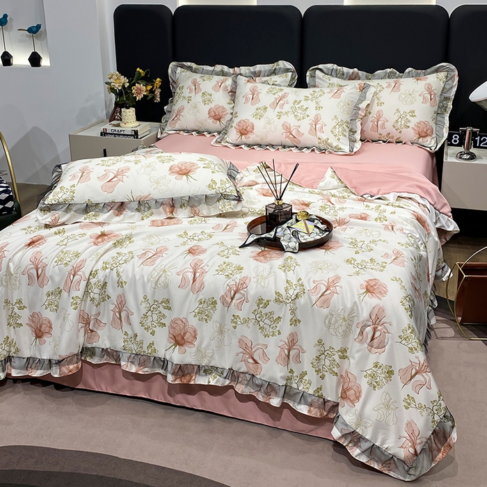 91家纺网 家纺一手货源 找家纺 宇彬家纺 2025直播新品水洗真丝冰丝双层花边天丝夏被夏天空调被夏凉被可水洗单夏被枕套三件套床单夏被四件套 乐芙 粉