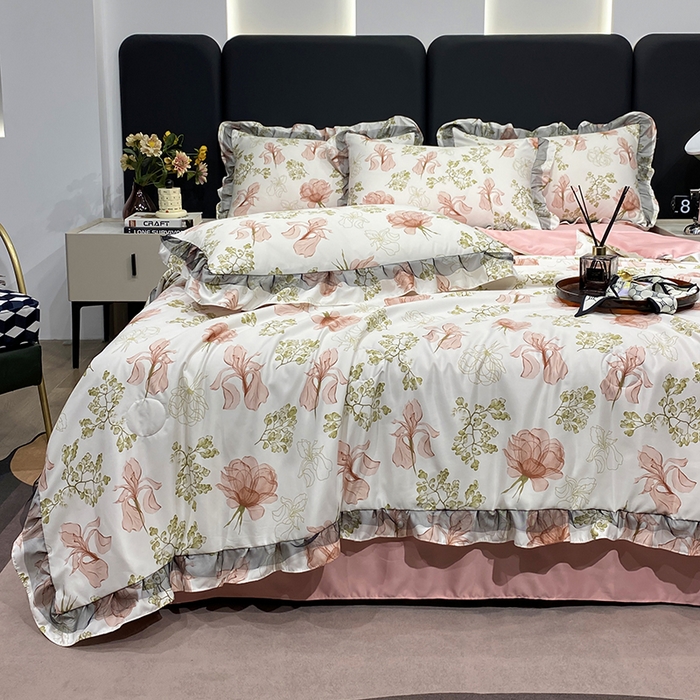 91家纺网 家纺一手货源 找家纺 宇彬家纺 2025直播新品水洗真丝冰丝双层花边天丝夏被夏天空调被夏凉被可水洗单夏被枕套三件套床单夏被四件套 乐芙 粉