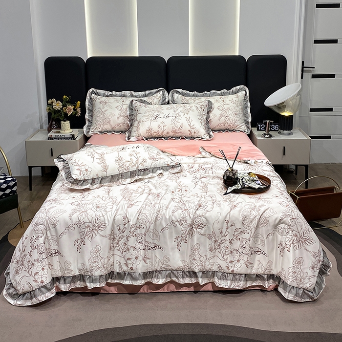 91家纺网 家纺一手货源 找家纺 宇彬家纺 2025直播新品水洗真丝冰丝双层花边天丝夏被夏天空调被夏凉被可水洗单夏被枕套三件套床单夏被四件套 初夏（粉)