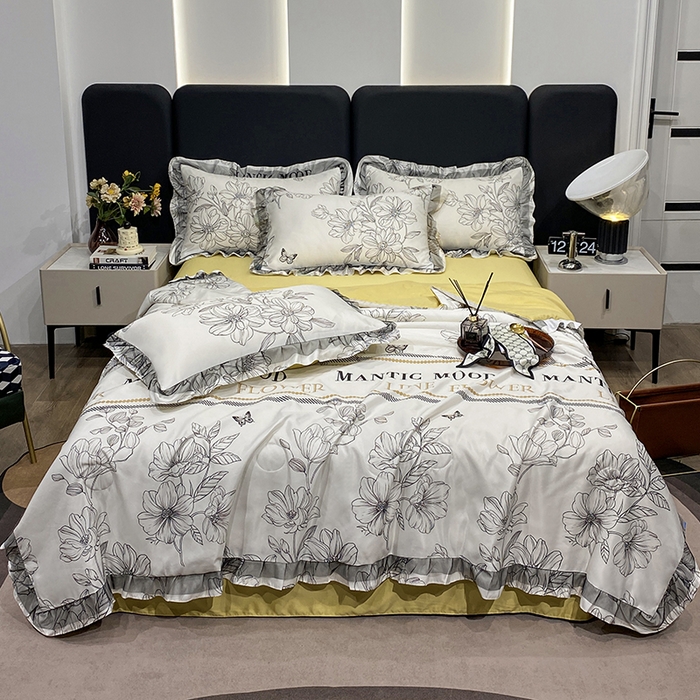 91家纺网 家纺一手货源 找家纺 宇彬家纺 2025直播新品水洗真丝冰丝双层花边天丝夏被夏天空调被夏凉被可水洗单夏被枕套三件套床单夏被四件套 花漾 米